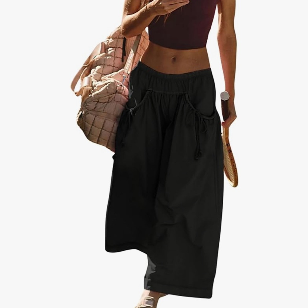 Wide Leg Track Pants Drawstring Pockets Elastic Waist Capri Hiking Pants new